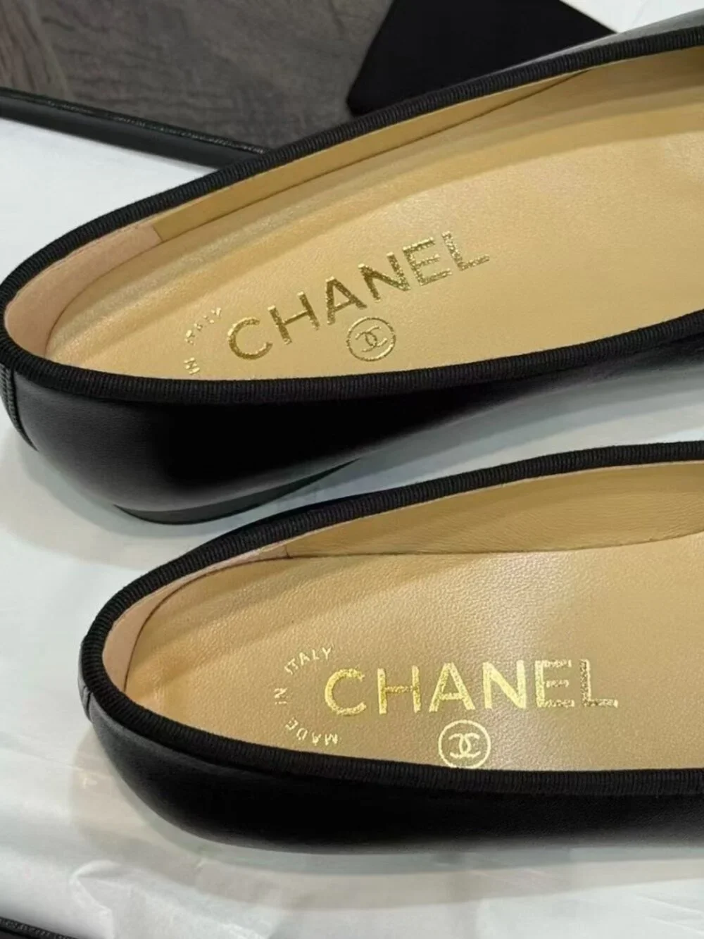 Chanel Two‑Tone Patent Toe Bow Ballet Flats